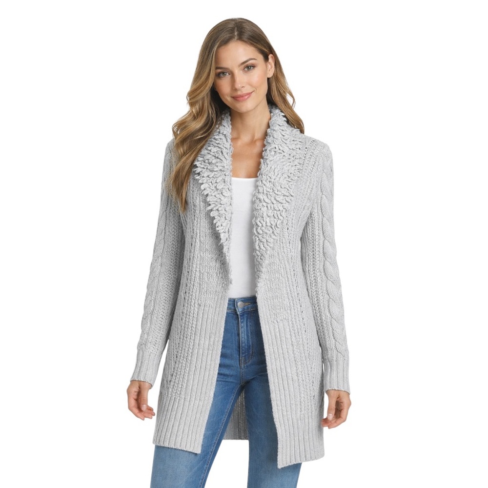 Banana Republic Wool Alpaca blend Light Gray Cable Knit Open-Front‎ Cardigan